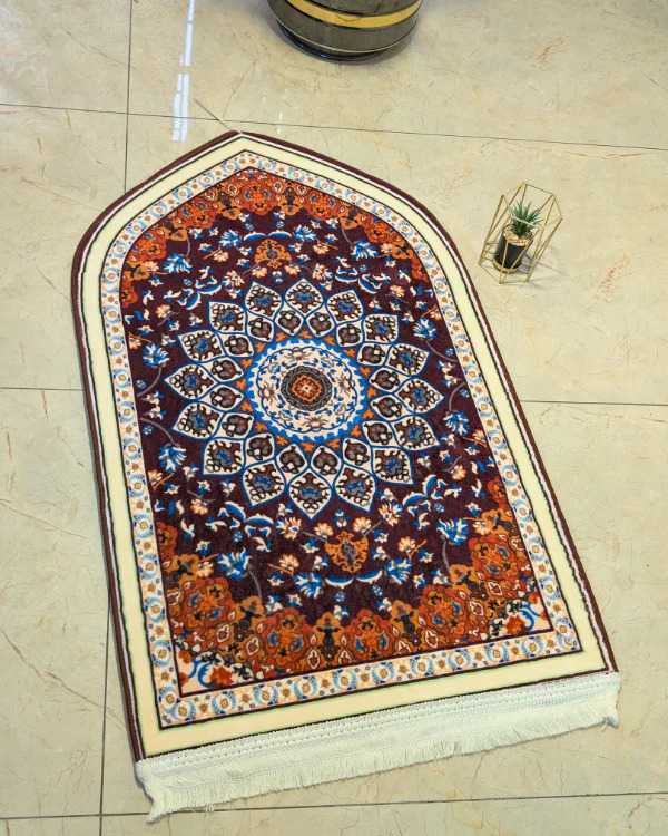 Traditional Moroccan Dome Arch Janamaz – Dark Plum & Rust 70x115 cm | Islamic Prayer Mat