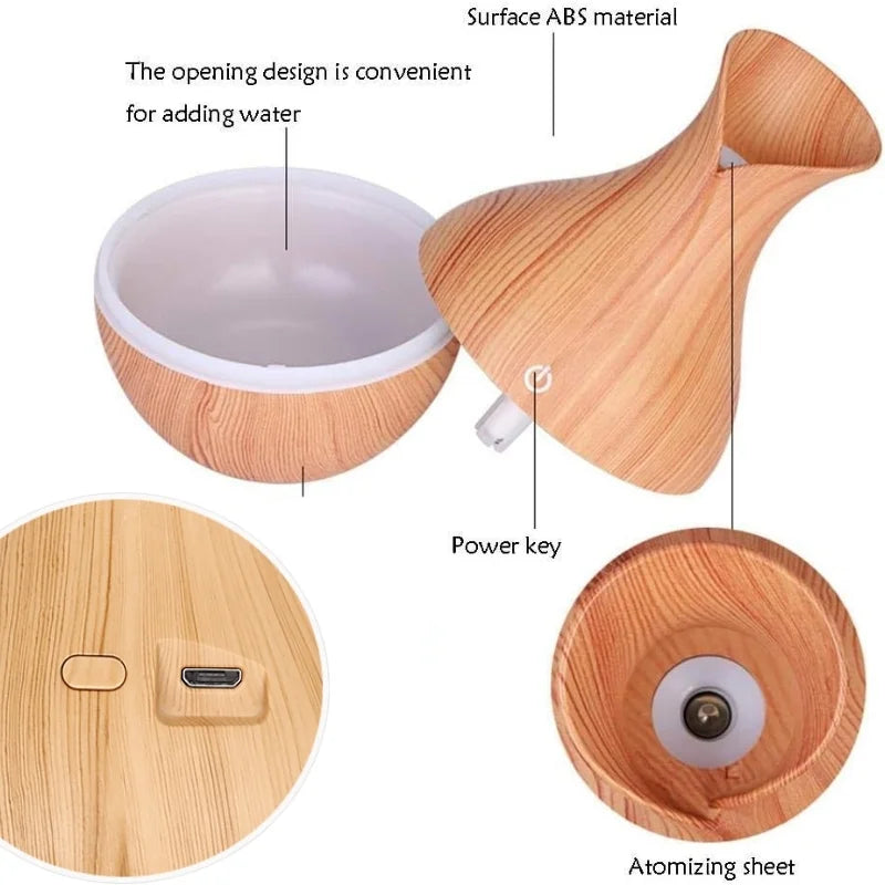 Vase-Shaped LED Humidifier | Model JSQ07 | USB Wood Grain Ultrasonic Cold Mist Humidifier | Aromatherapy Air Freshener | 200 ml