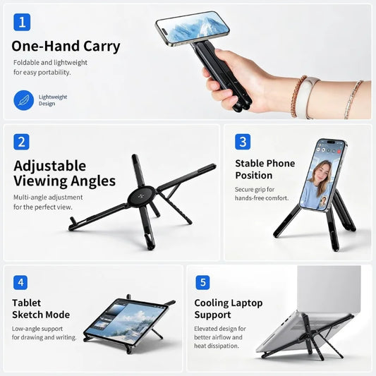3-in-1 Magnetic Foldable Stand |Model K001 | Aluminum Alloy Phone laptop & Tablet Holder | 8-Level Adjustable Height | 360° Rotating Base | Portable Travel Stand