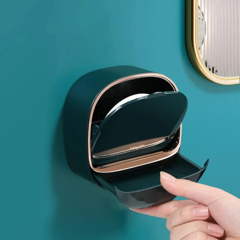 Dark Green | Self-Adhesive Wall-Mounted Luxury Soap Holder with Lid and Drainage Tray