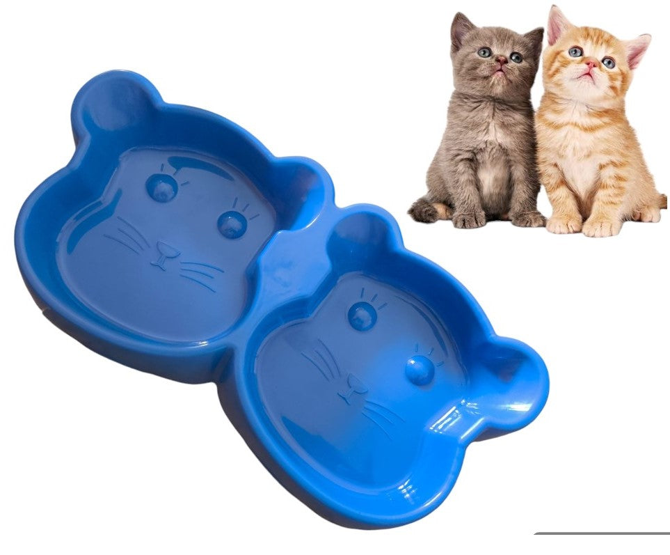 Cat Shaped Double Food Bowl for Pets – Plastic Random Color