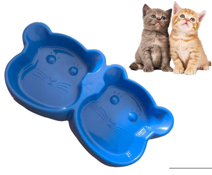 Cat Shaped Double Food Bowl for Pets – Plastic Random Color