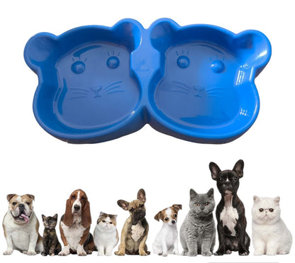 Cat Shaped Double Food Bowl for Pets – Plastic Random Color