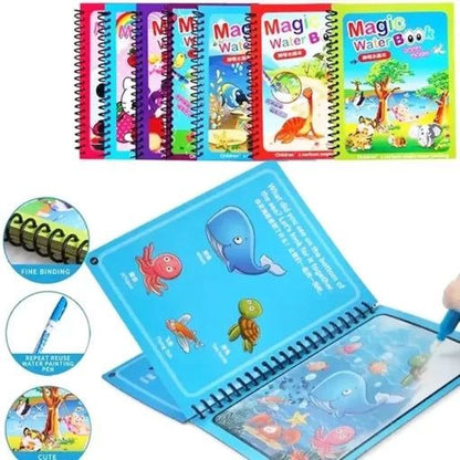 Magic Water Coloring Book For Toddlers Reusable Water Painting Book With 1 Pen Educational Travel Toy | 8 pages (Random Design)