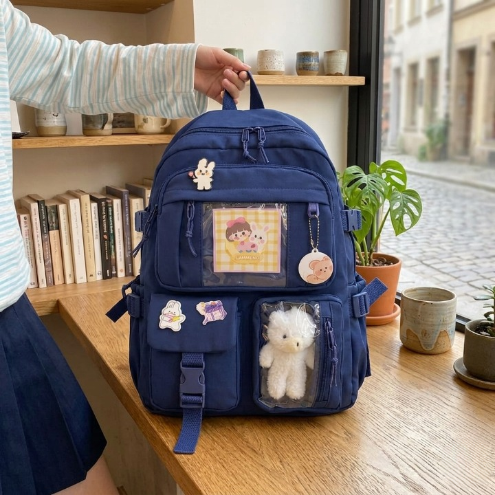 Cute Women Backpack Multi Pocket Canvas School Bag White Student Bag For Teenage Girls | Blue