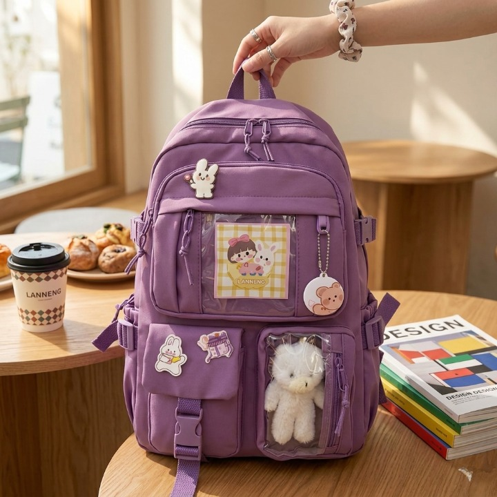 Cute Women Backpack Multi Pocket Canvas School Bag White Student Bag For Teenage Girls | Blue