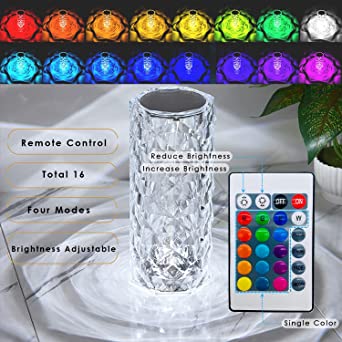 Rose Diamond Crystal Table Lamp – 16 Color RGB Touch Sensor Light with Remote Control – USB Charging Portable Atmosphere Lamp