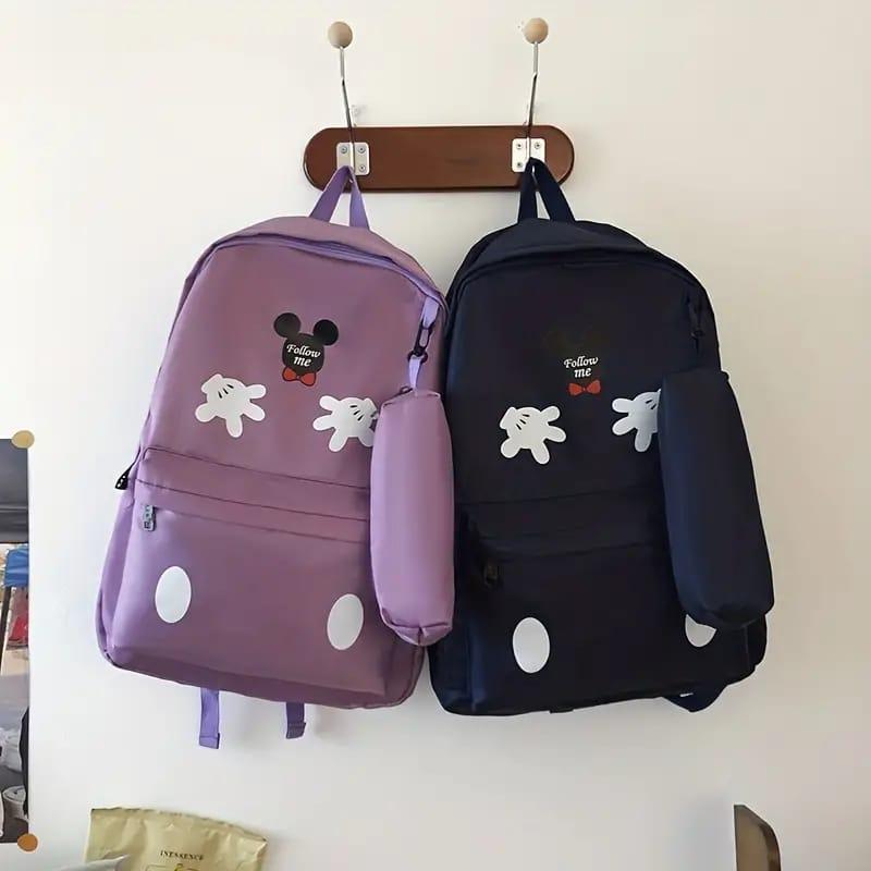 Mickey Mouse Backpack Set With Matching Pencil Case Cartoon Hand Graphics Nylon Printed Design | Black