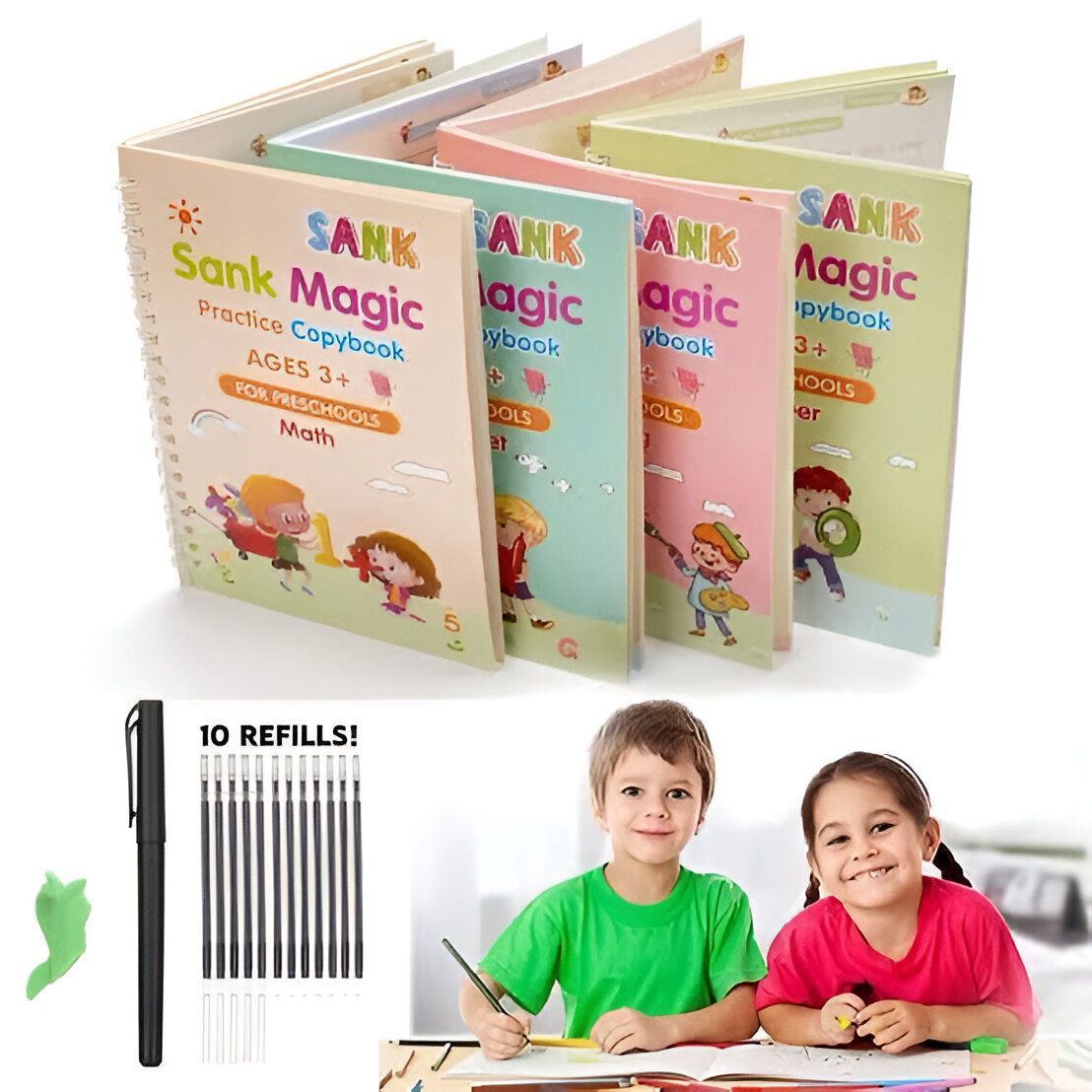Sank Magic Practice Copybook Set 4 Books Pen And 10 Refills Durable Reusable Practical Choice For Continuous Writing And Learning For Kids
