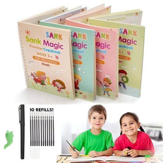 Sank Magic Practice Copybook Set 4 Books Pen And 10 Refills Durable Reusable Practical Choice For Continuous Writing And Learning For Kids