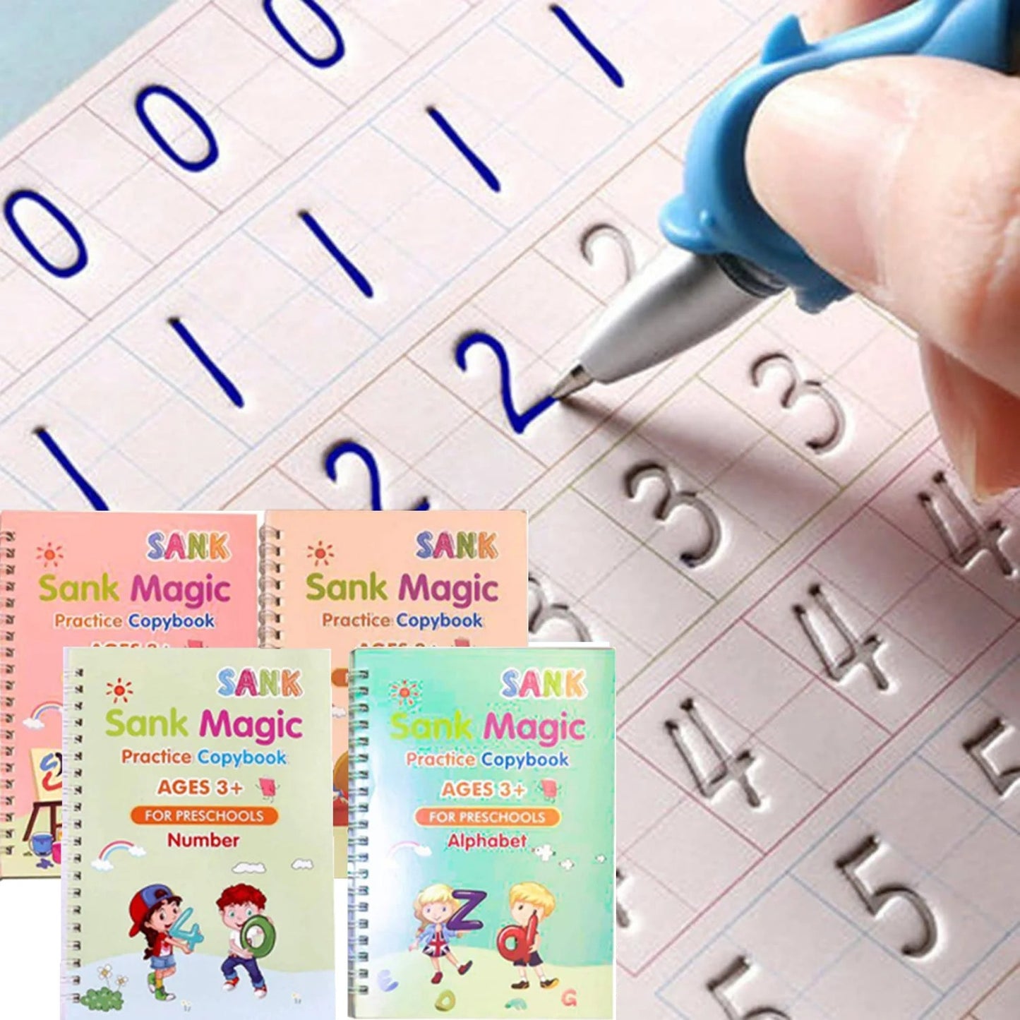 Sank Magic Practice Copybook Set 4 Books Pen And 10 Refills Durable Reusable Practical Choice For Continuous Writing And Learning For Kids
