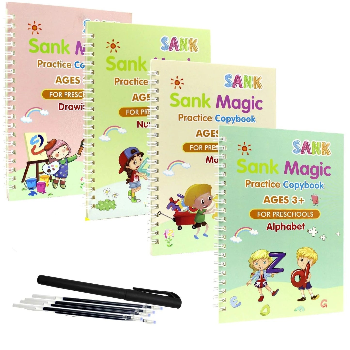 Sank Magic Practice Copybook Set 4 Books Pen And 10 Refills Durable Reusable Practical Choice For Continuous Writing And Learning For Kids