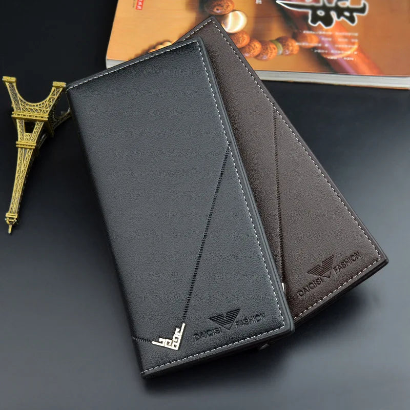Men's Imported Long Leather Wallet Clutch with Metal Corner Accent - Black