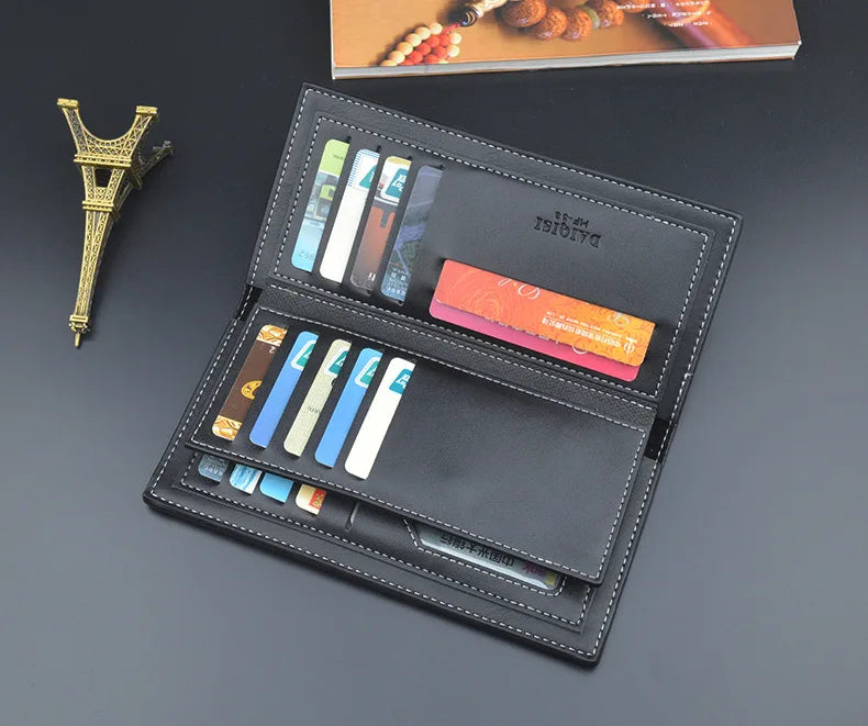 Men's Imported Long Leather Wallet Clutch with Metal Corner Accent - Black
