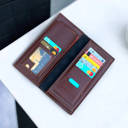 Men's Imported Long Leather Wallet Clutch with Metal Corner Accent - Black