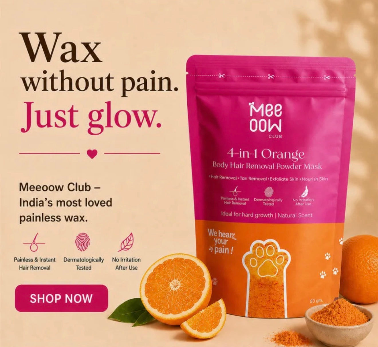 Meeoow Club 10 Min Painless Body Wax Orange Hair Removal Powder 100g Gentle Effective Formula For Smooth Skin And Easy At Home Use