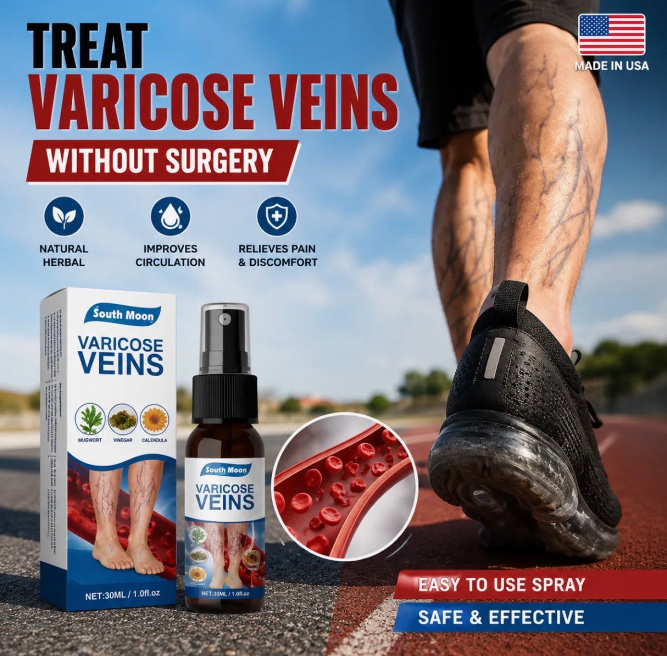 Natural Herbal Varicose Veins Spray South Moon Vein Care Spray 30ml Soothing Relief Formula For Healthy Legs And Improved Circulation