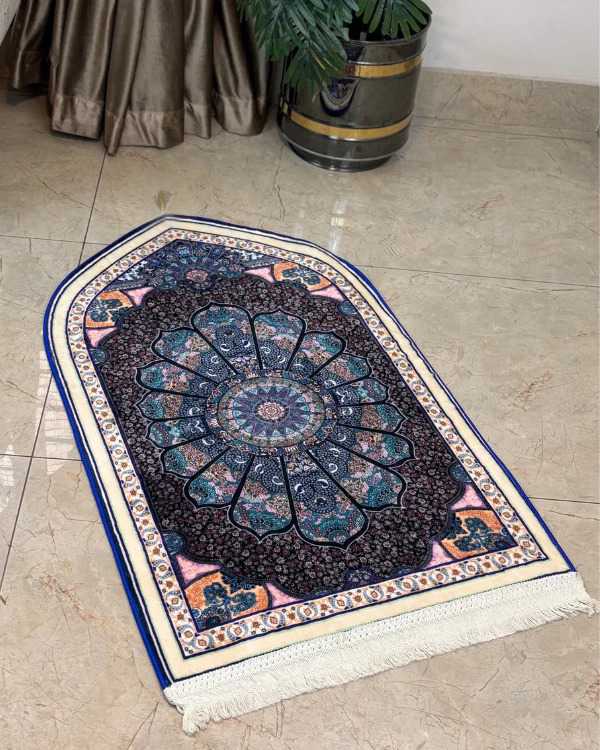 Luxury Ottoman Mandala Velvet Prayer Rug – Deep Blue & Black 70x115 cm | Elegant Islamic Janamaz