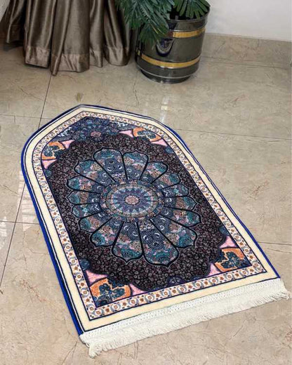 Luxury Ottoman Mandala Velvet Prayer Rug – Deep Blue & Black 70x115 cm | Elegant Islamic Janamaz