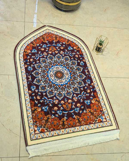 Traditional Moroccan Dome Arch Janamaz – Dark Plum & Rust 70x115 cm | Islamic Prayer Mat