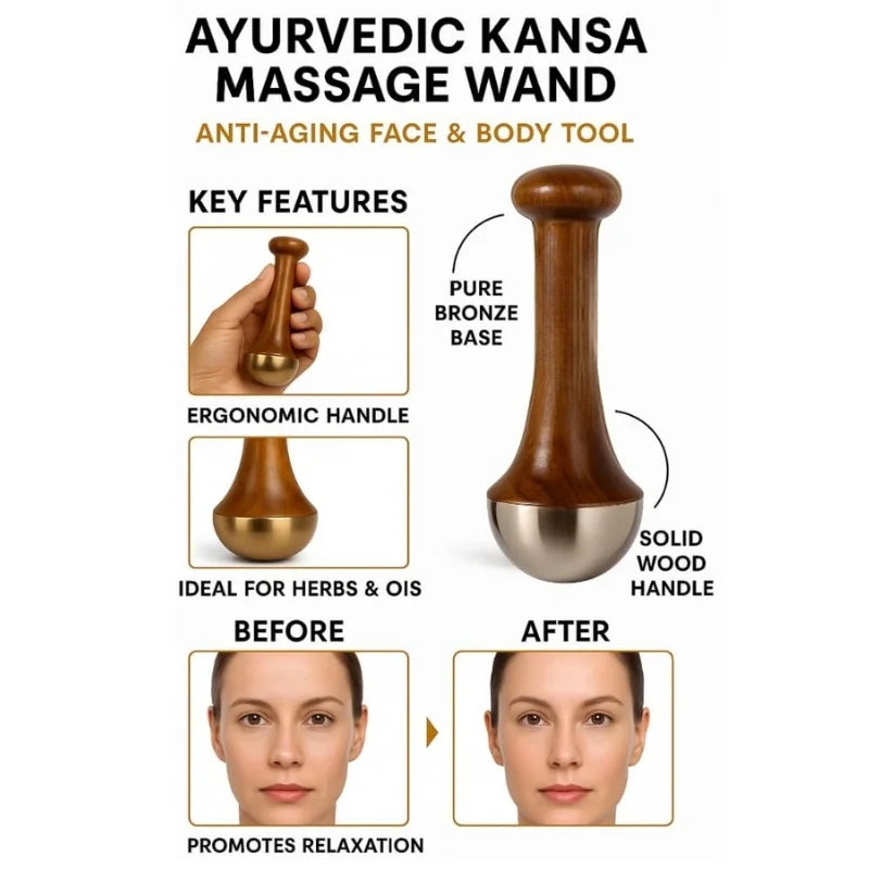 Kansa Wand Face & Foot Massager | Ayurvedic Bronze Massage Tool with Wooden Handle | For Face, Neck, Head & Body