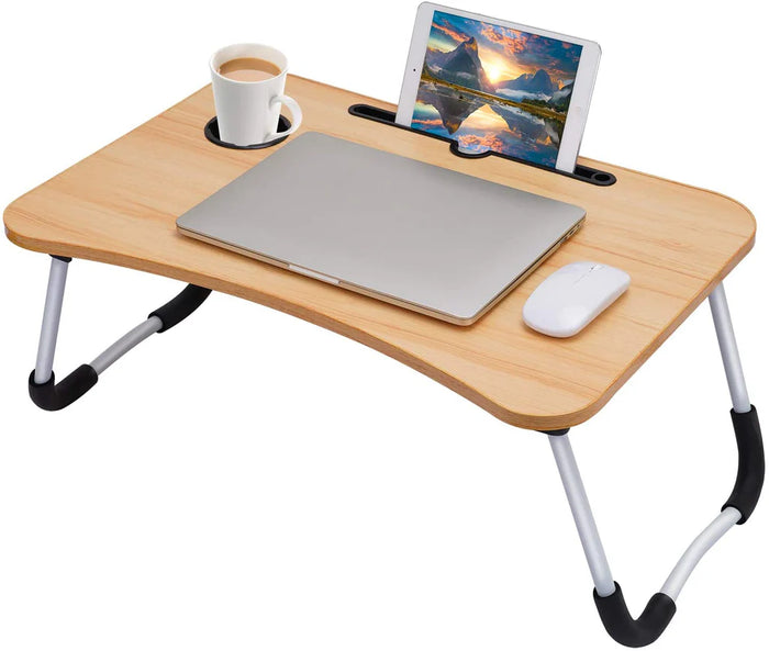 Laptop Table Foldable with Tablet Groove & Cup Slot | Beige Color | Multi-Purpose Desk for Work, Study, and Meals