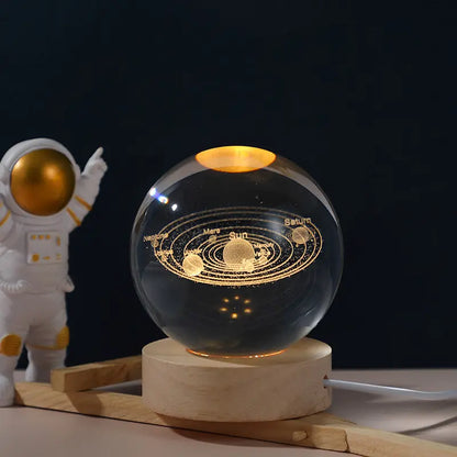 3D Galaxy Space Crystal Ball Night Light with Wooden LED Stand | USB Decorative Table Lamp | Random Designs