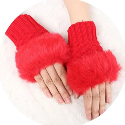 Women’s Faux Fur Fingerless Knitted Gloves | Warm Winter Hand Wrist Warmers | Soft, Stylish & Comfortable | Red