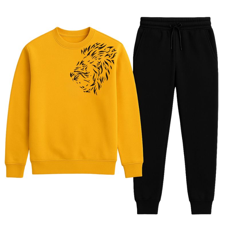 LION Printed Yellow Tracksuit Sweatshirt & Trouser  | Warm & Comfortable Winter Wear | Large