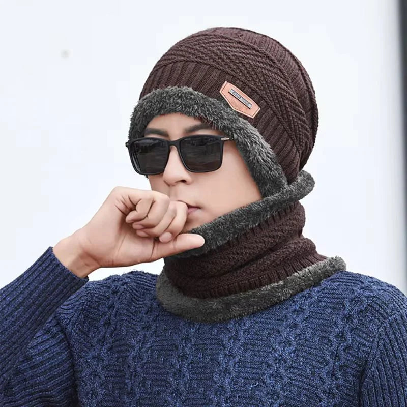 Winter Wool Cap with Neck Warmer Set | Thermal Beanie & Scarf Combo for Men and Women | Brown And Gray