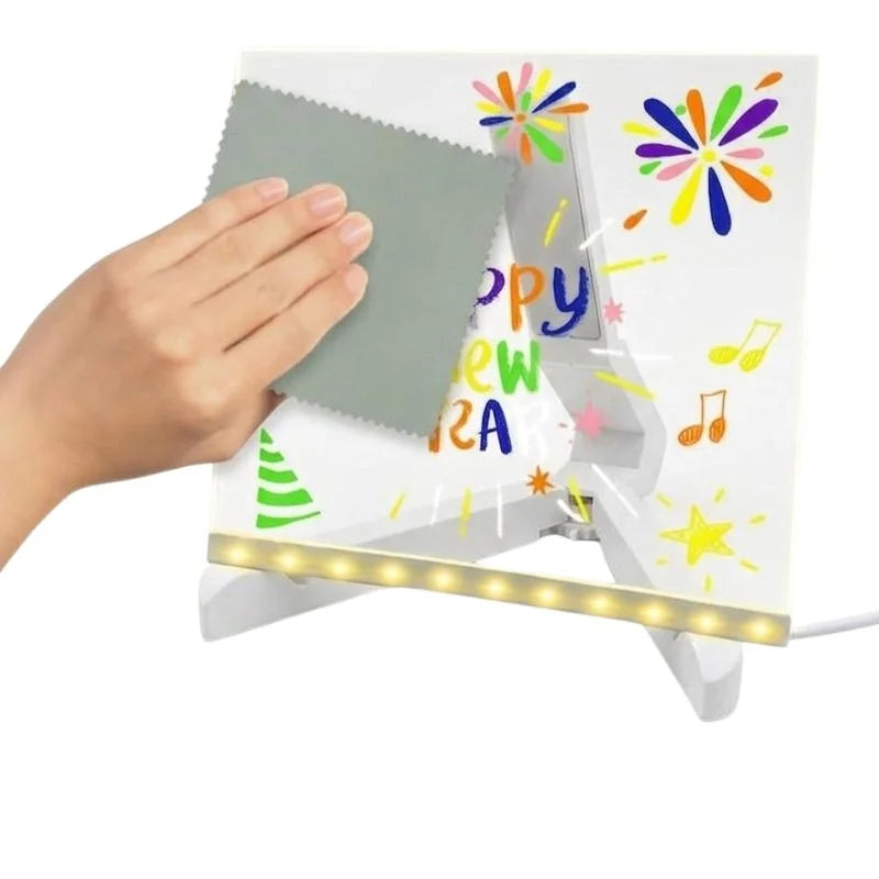 8x8 Inches LED Acrylic Writing Board with USB Light | 7 Colorful Erasable Pens |  Message Board with Markers & Stand