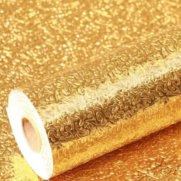 Golden Foil Kitchen Wallpaper Sticker | 60×200cm | Peel & Stick Aluminum Foil Wall Covering | Oil-Proof, Waterproof & Heat-Resistant Decor