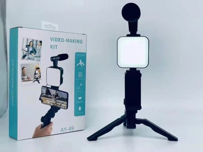 AY-49 Video Making Kit | All-in-One Vlogging Tripod with Wireless Remote, Microphone, LED Light & Mobile Holder