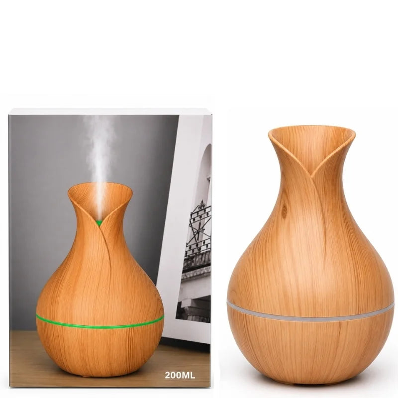 Vase-Shaped LED Humidifier | Model  JSQ07 | USB Wood Grain Ultrasonic Cold Mist Humidifier | Aromatherapy Air Freshener | 200 ml
