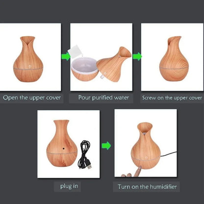 Vase-Shaped LED Humidifier | Model  JSQ07 | USB Wood Grain Ultrasonic Cold Mist Humidifier | Aromatherapy Air Freshener | 200 ml
