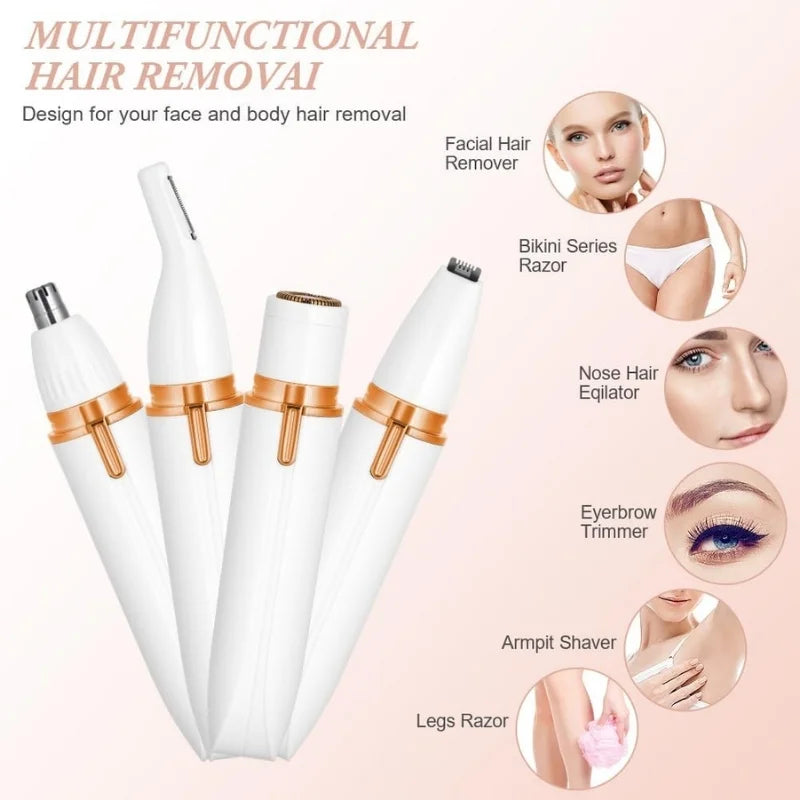 4-in-1 Electric Lady Shaver for Women | Rechargeable Cordless Hair Remover | Bikini Trimmer, Nose & Eyebrow Trimmer | For Face, Legs & Underarms